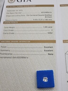 1 CT GIA Certified Cut Cornered Square Cut Loose Diamond J Color VVS2 Clarity